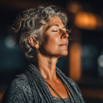 Літня жінка практикує йогу на природі